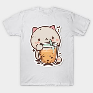 Copy of Cute Cat Drinking Bubble Tea Cartoon Boba Drawing T-Shirt